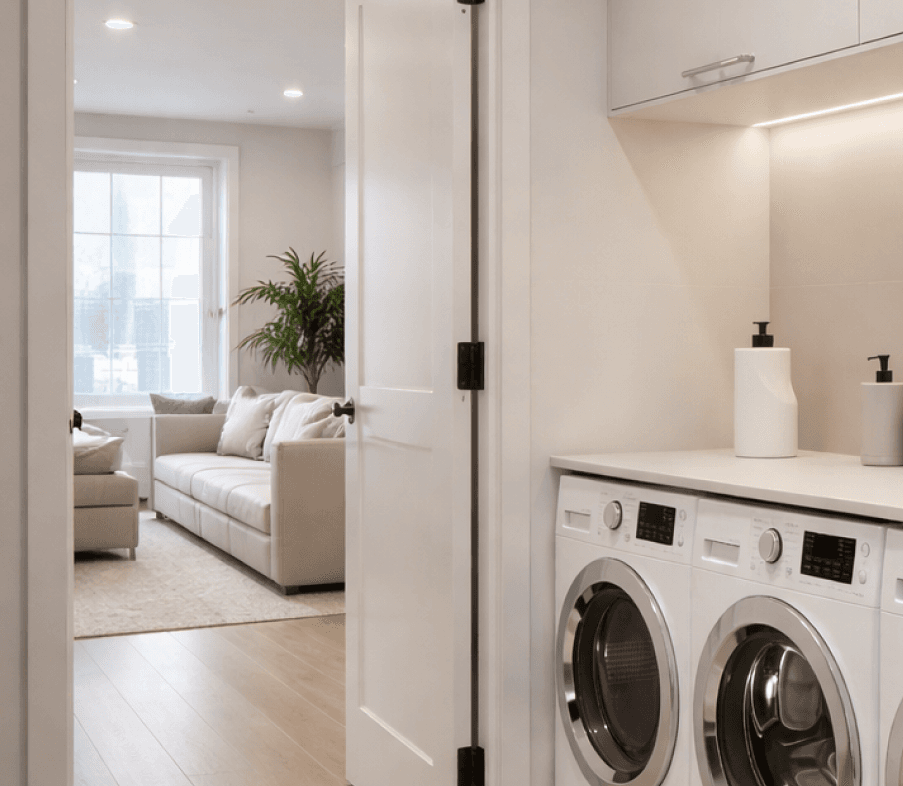 A laundry room visible through an open door to a living room