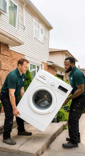 Movers carrying a washing machine out of a unit