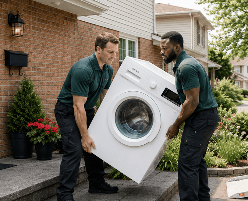 Movers carrying a washing machine out of a unit