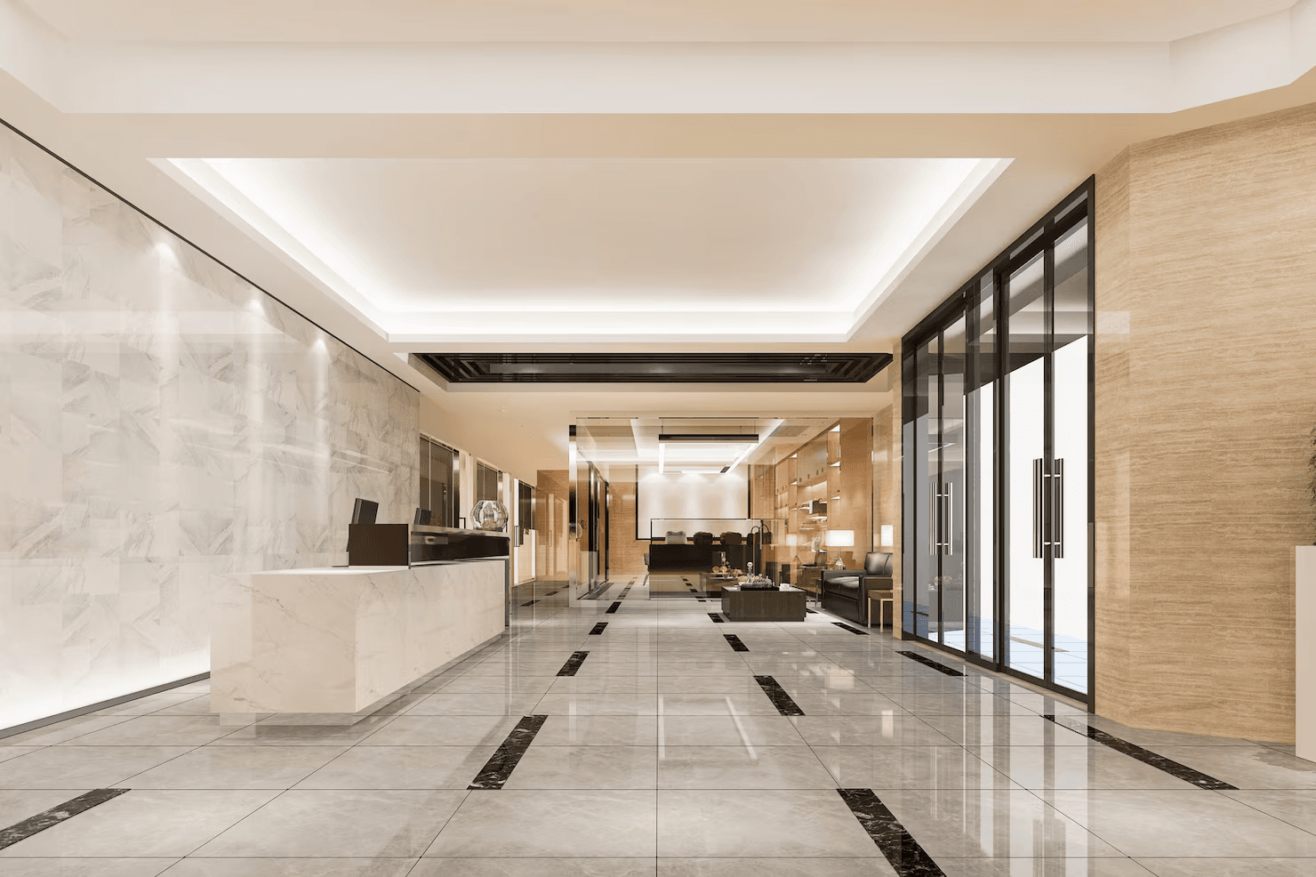 A bright, modern residential building lobby