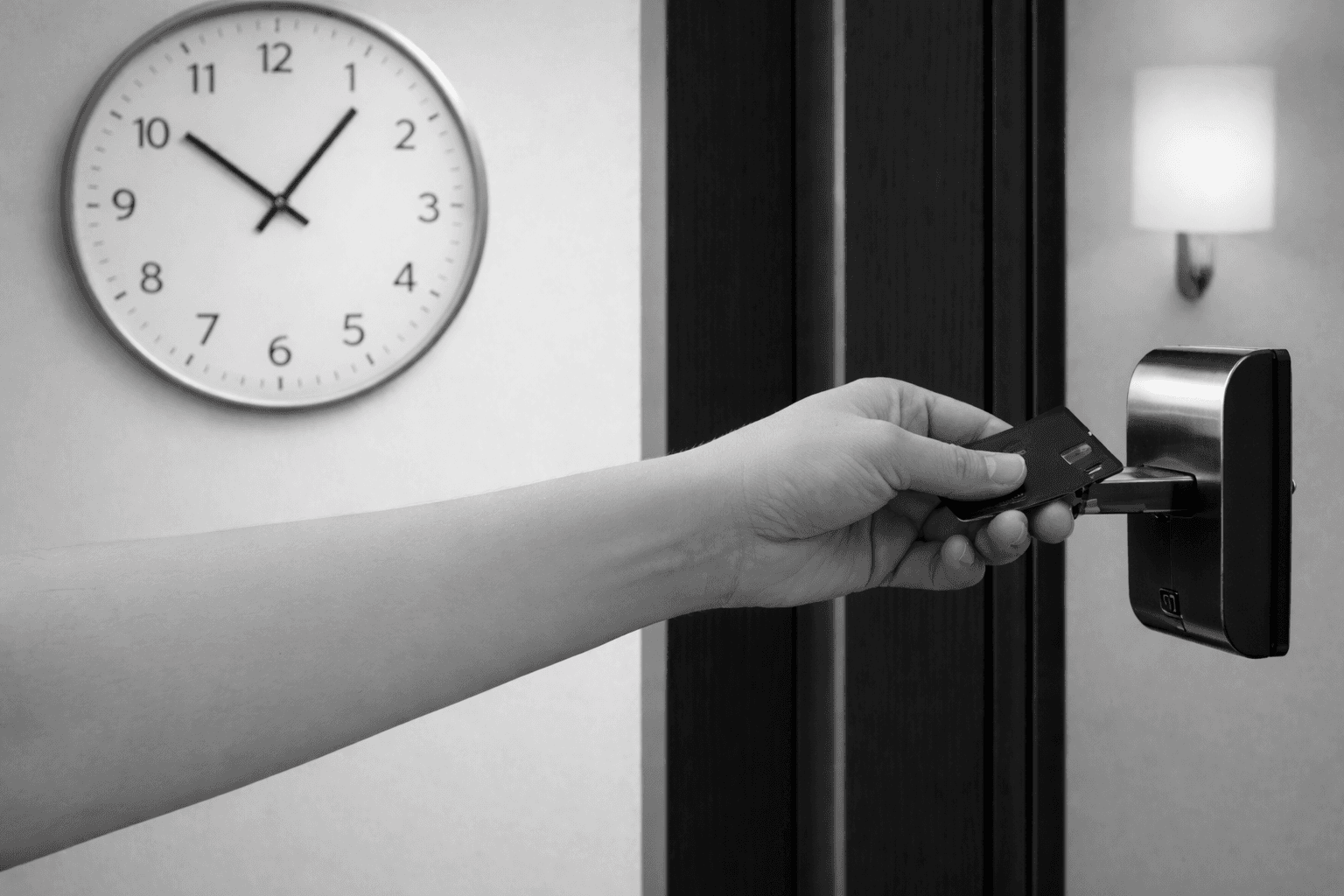 A hand using a keycard on a smart door lock