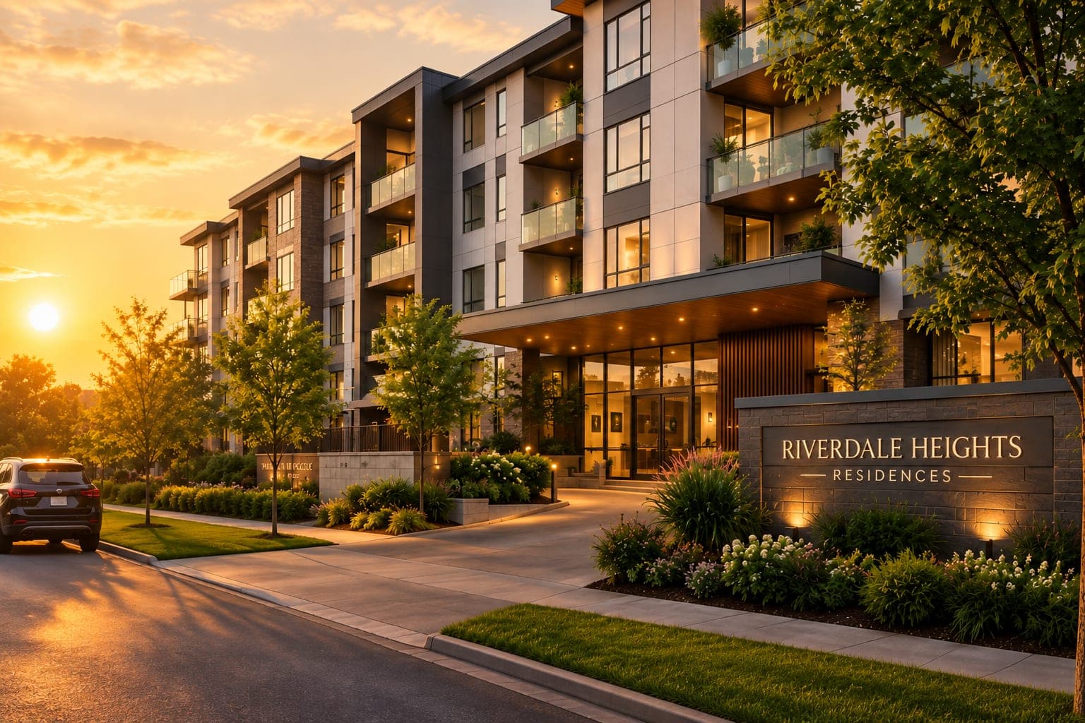 A residential community entrance at sunset