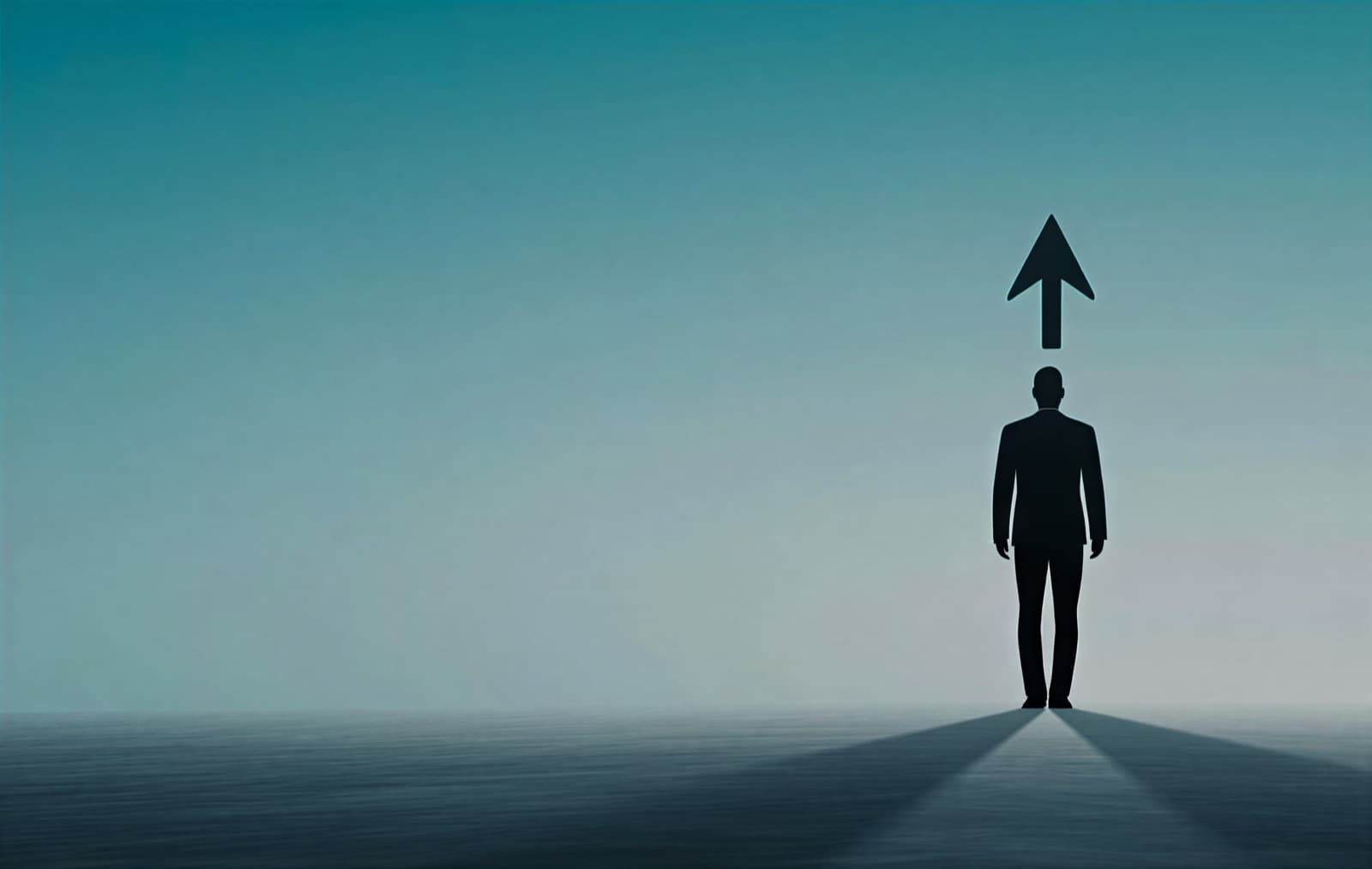 A figure standing beneath an arrow pointing forward