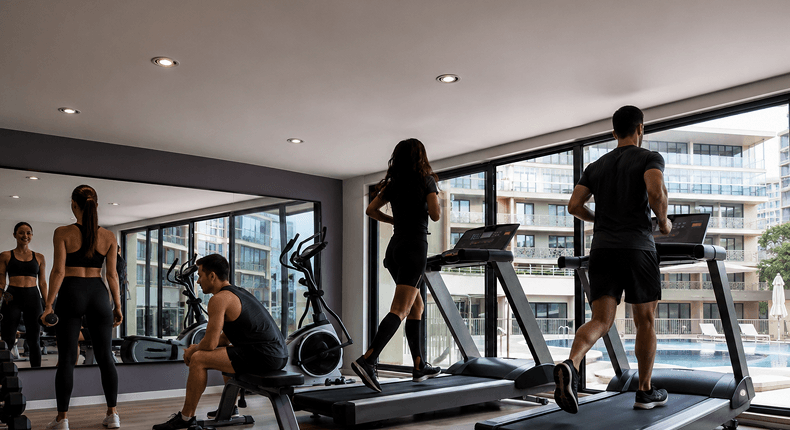 Residents using a fitness center with treadmills facing a city view