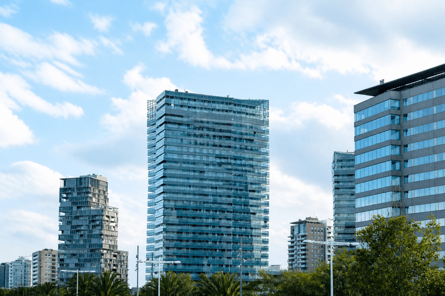 A skyline of residential buildings across a region