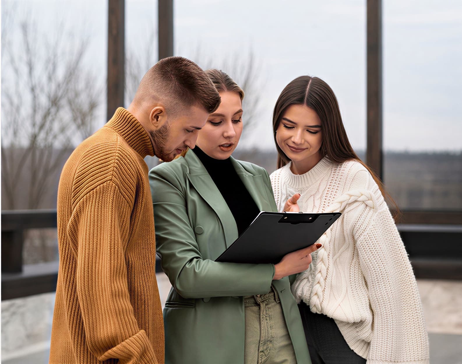 A property team reviewing notes together outside a building