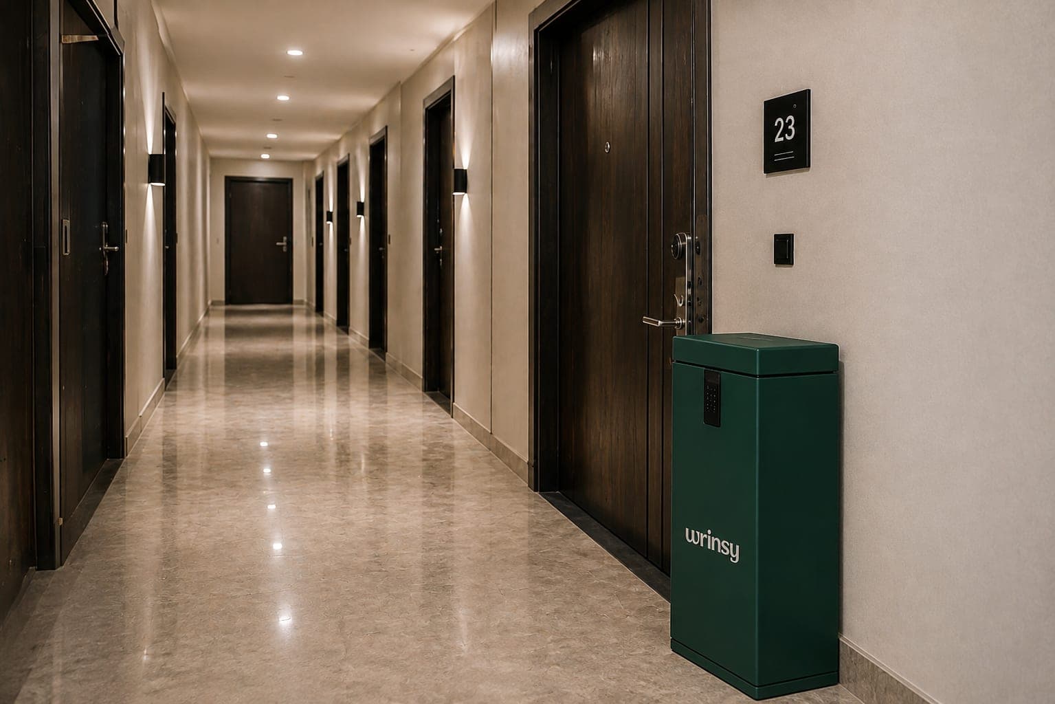 A green wrinsy box standing outside an apartment door