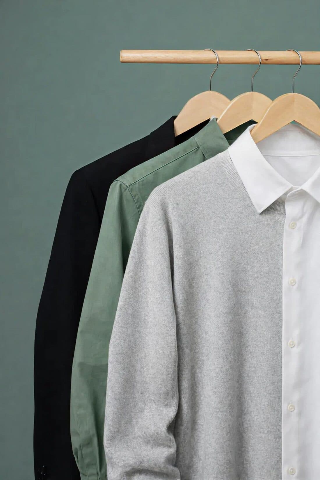Clothes on wooden hangers against a green wall