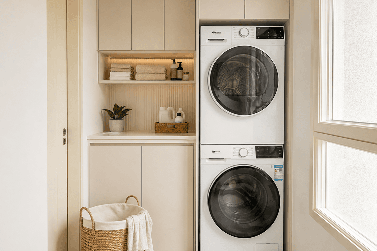 A stacked washer and dryer built into an apartment laundry cabinet