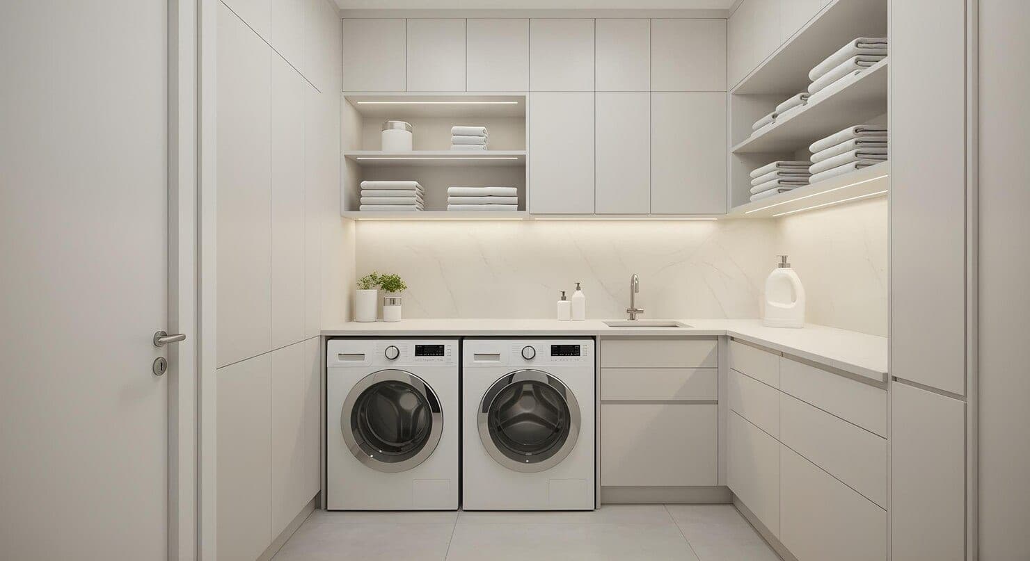 A bright built-in laundry alcove with a washer and dryer under open shelving