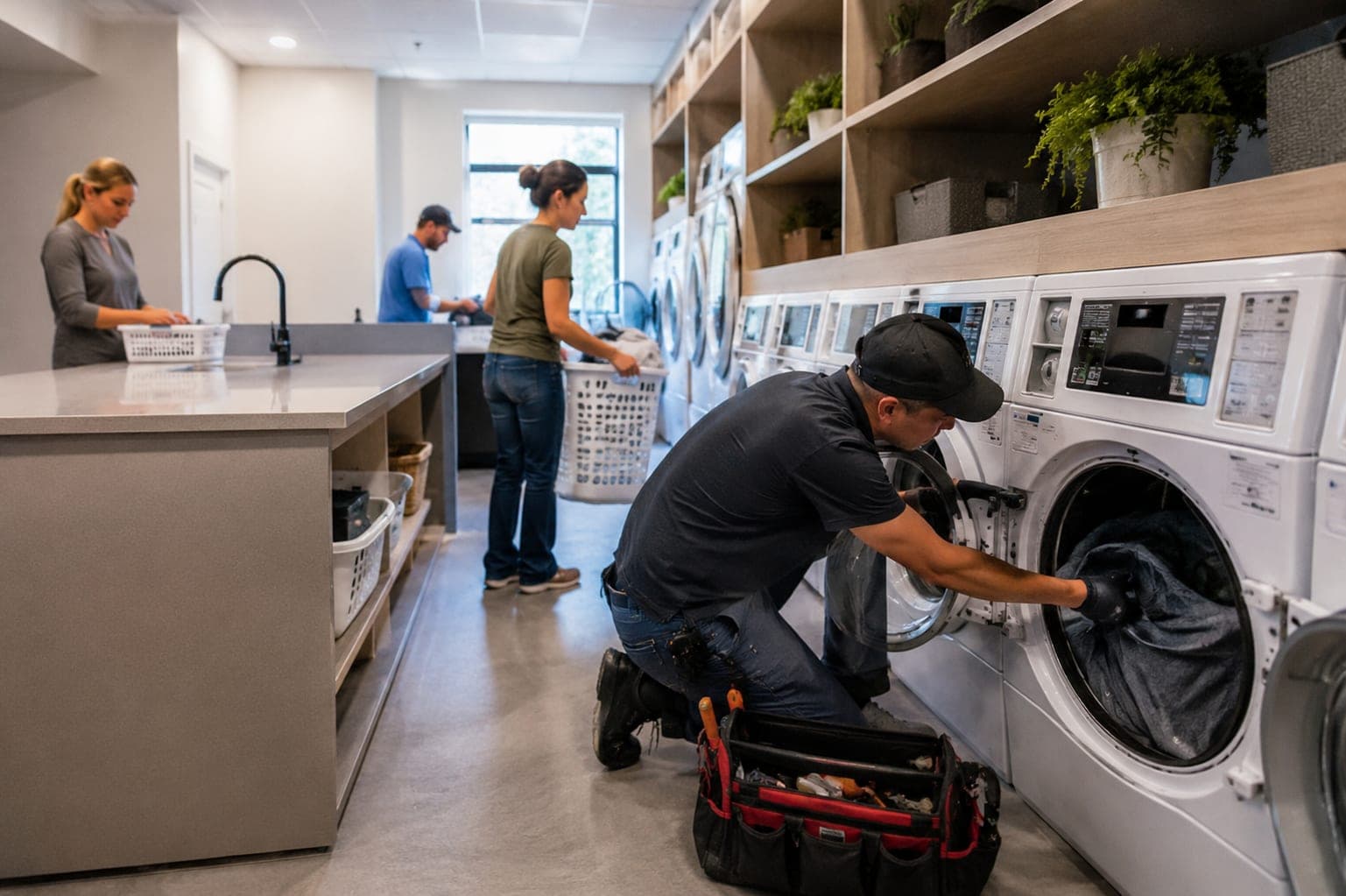 A maintenance technician servicing a washer while residents use the room