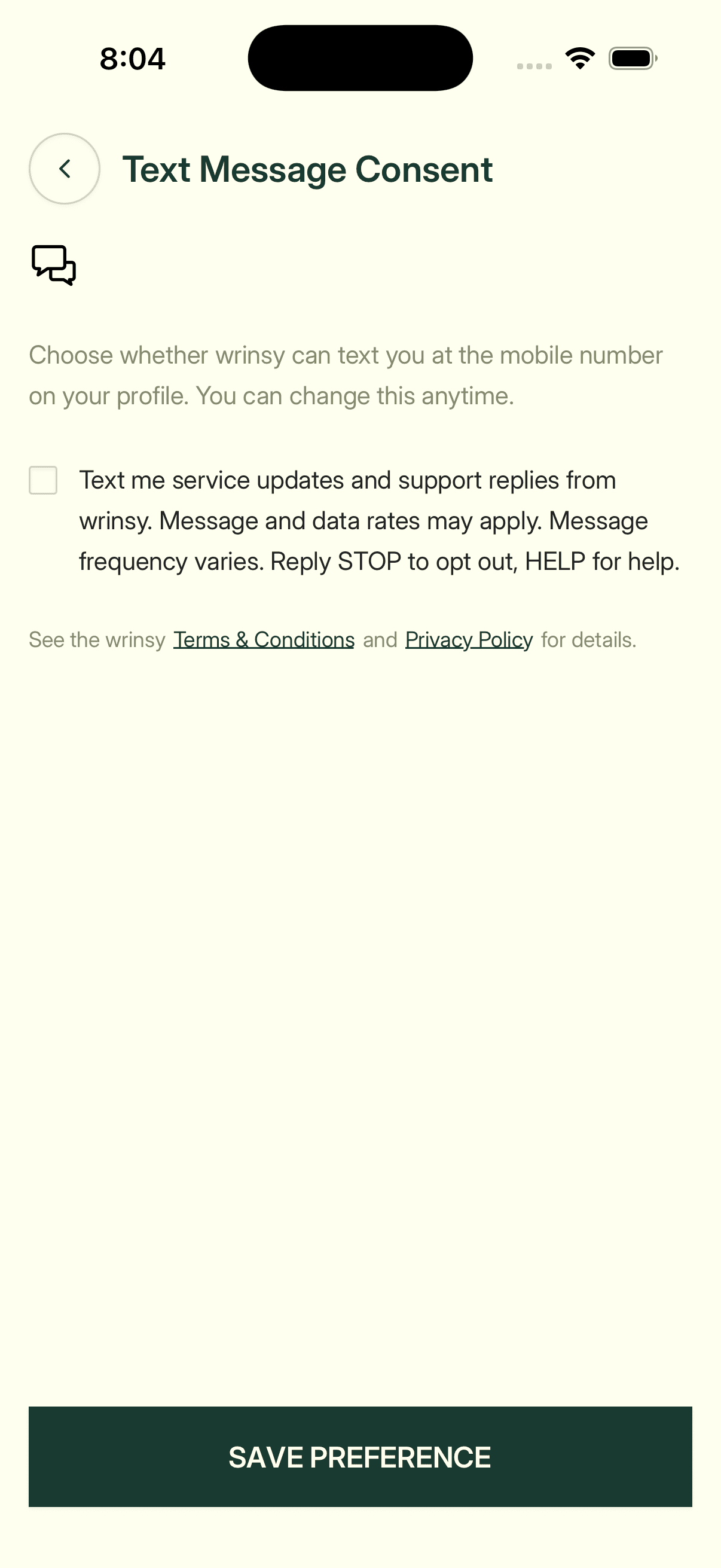 Text Message Consent screen in the wrinsy app with the SMS consent checkbox unchecked
