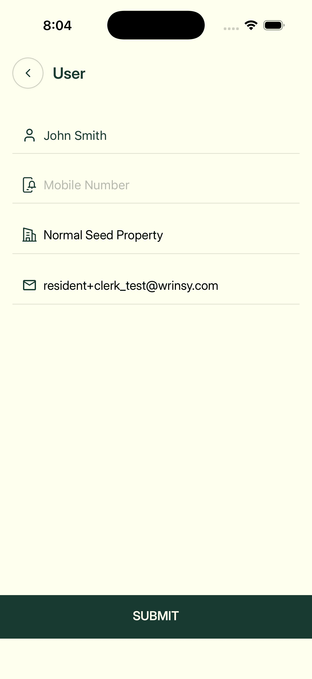 Account setup screen in the wrinsy app where a resident enters their mobile number